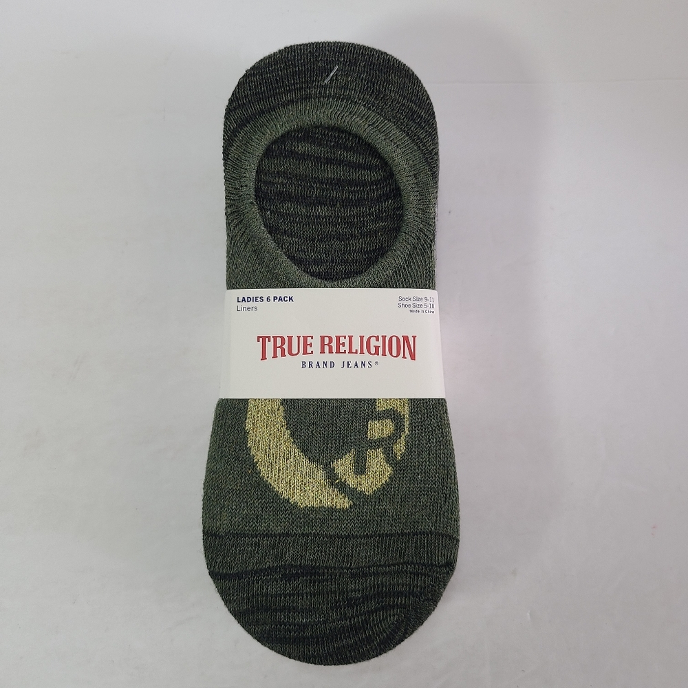 True Religion Green Gray White Black Sock Liners 6 pack Women Size 9-11